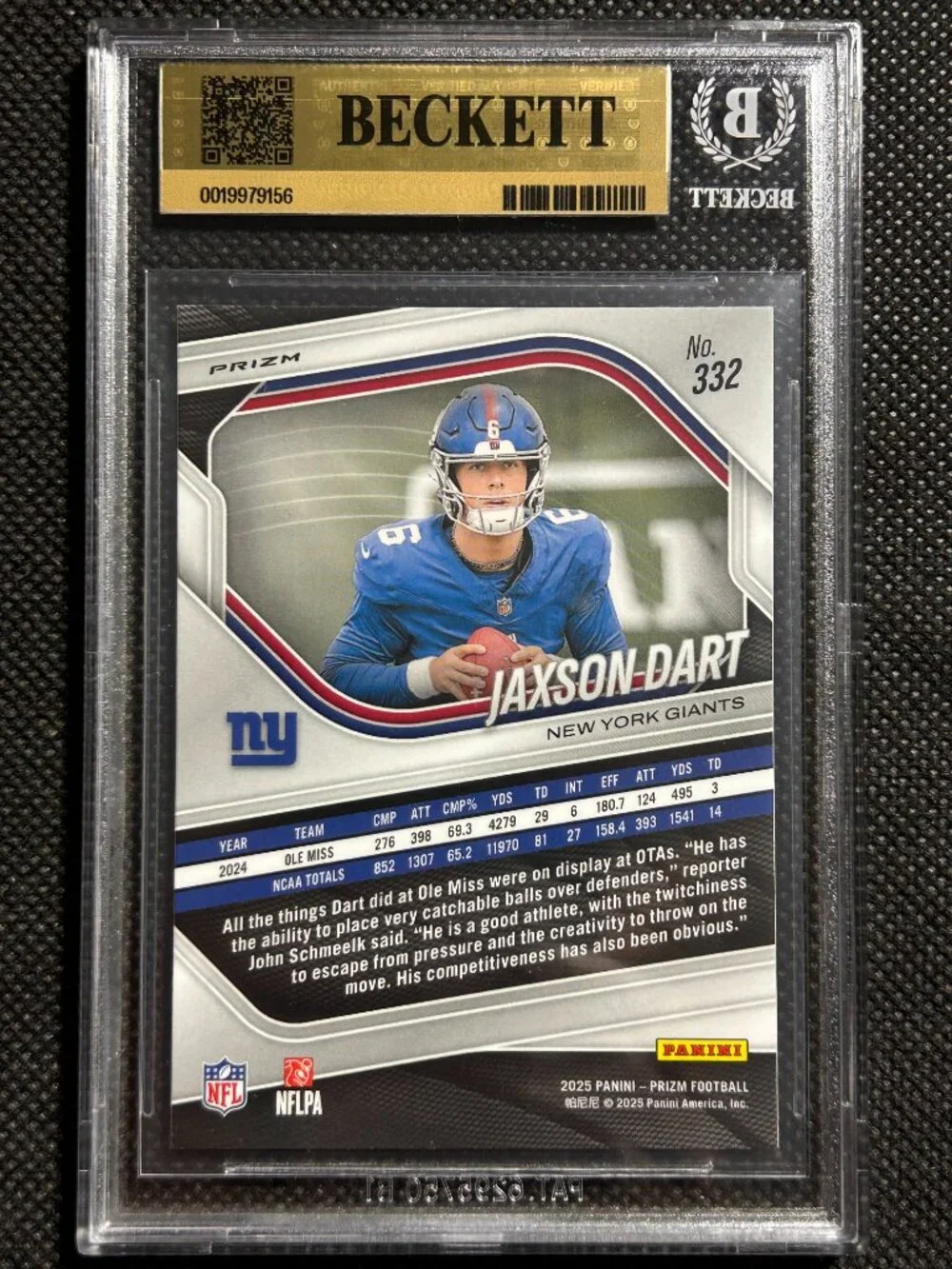 Jaxson Dart 2025 Panini Prizm #332 Lazer Prizm Rookie RC Giants BGS 9.5 Gem Mint - Picture 3 of 3